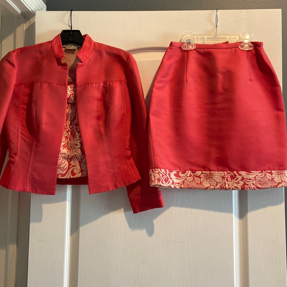Gorgeous Kay Unger watermelon skirt suit with bustier